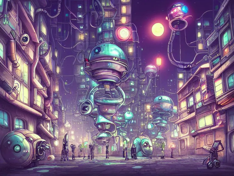 Image similar to street view of futuristic machinarium tokyo at night by cyril rolando and naomi okubo and dan mumford and ricardo bofill. cute ver.ka mecha machinarium robots.