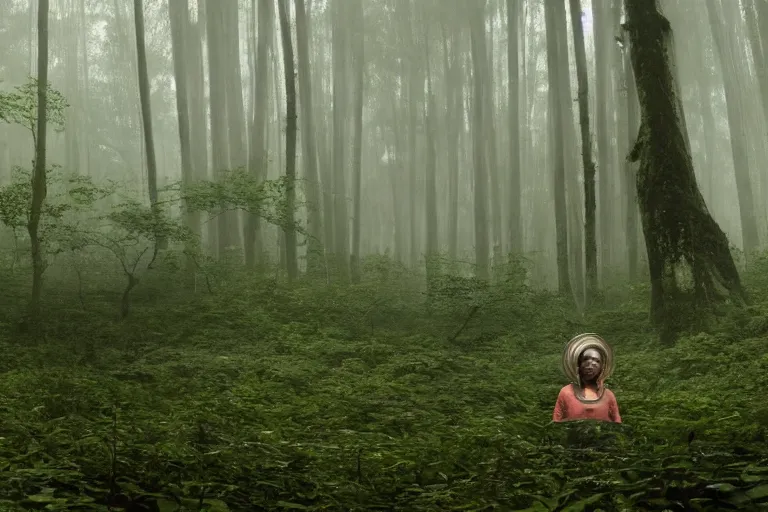 Image similar to a tourist visiting a complex organic fractal 3 d ceramic sphere floating in a lush forest, foggy, cinematic shot, photo still from movie by denis villeneuve