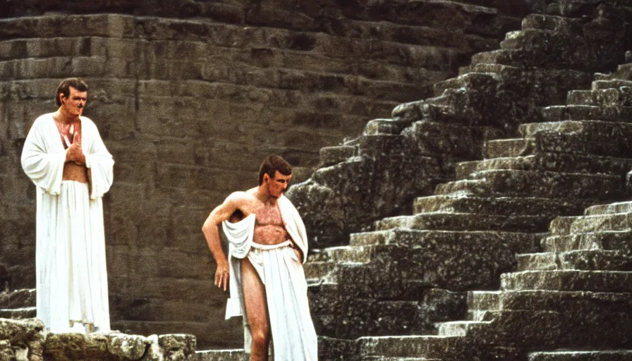 Image similar to 1 9 7 0 s movie still close - up of caligula in a white toga stabbed to death bleeding heavy blood on ancient amphitheater's stairs, cinestill 8 0 0 t 3 5 mm, high quality, heavy grain, high detail, dramatic light, anamorphic, blood