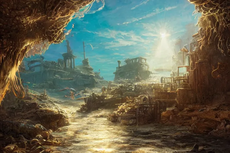 Prompt: a beautiful painting of the sunken city of Atlantic city under water, ray of sunlight, mermaid in distance, Greg Rutkowski