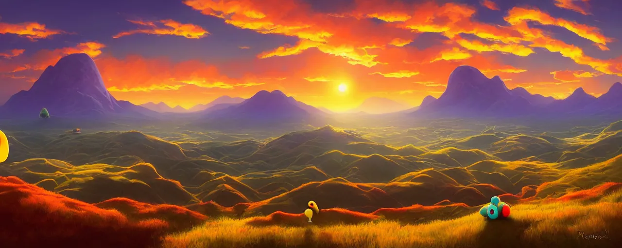 Image similar to detailed round pacman, with ghosts, in a beautiful nature landscape with clouds, mountains, in background, sunset, by rhads, pacman