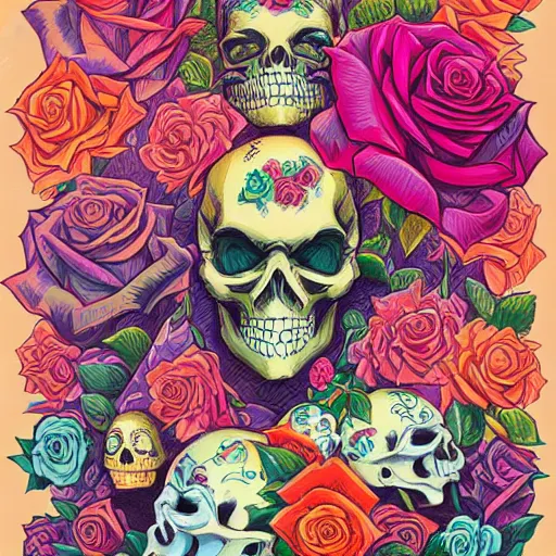 Image similar to ortographic view of large skulls and vivid roses by Jen Bartel and Dan Mumford and Satoshi Kon, gouache illustration, pastel colors-C 10