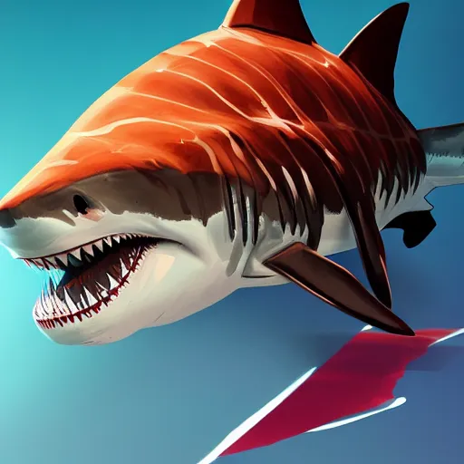 Prompt: great white shark, side view, with a silver and orange striped traffic cone construction cone on its dorsal fin - ron cheng & alphonse mucha, highly detailed, digital painting, ray tracing, concept art, illustration, smooth sharp focus, intricate, symmetry, artstation,