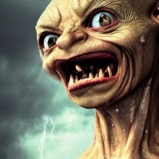 Image similar to gollum - faced with, thunderstorm, rain, depressive