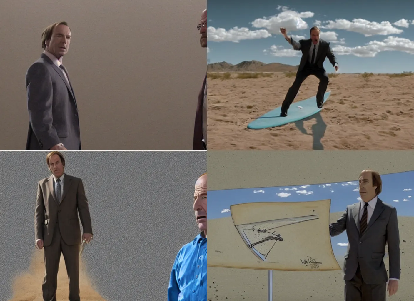 Prompt: film still of saul goodman presenting an on - screen court sketch of walter white riding a gigantic! surfboard