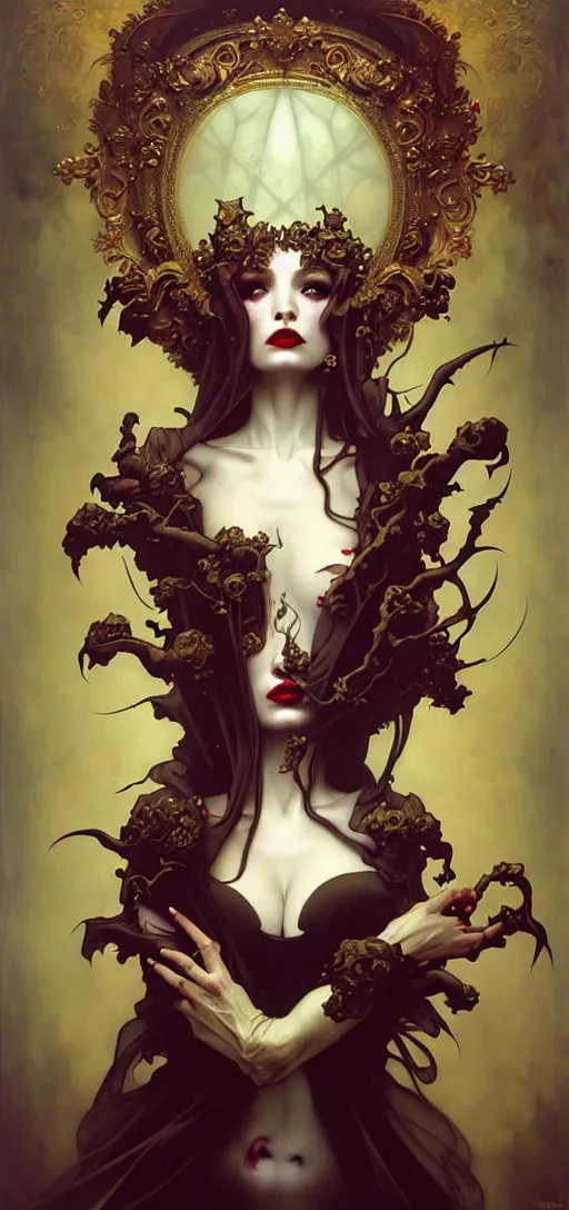 Image similar to baroque oil painting of full body vampire princess portrait, by nekro, peter mohrbacher, alphonse mucha, brian froud, yoshitaka amano, kim keever, victo ngai, james jean