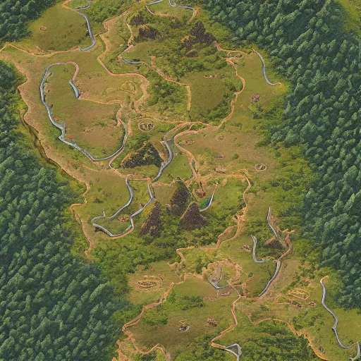 Prompt: topview illustration map, miniature photography closeup, h0, 1:87, reaction diffusion, Meadow, hills, highly detailed, satellite image, game map, anno 1404, civilization, by tim hildebrandt, by rhads, unreal engine, megascans texture, substance