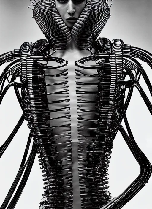 Prompt: walking down the catwalk, steven klein, show, stage, vogue photo, podium, fashion show photo, iris van herpen, beautiful woman, full body shot, masterpiece, inflateble shapes, alien, giger, plant predator, guyver, jellyfish, wires, veins, white biomechanical details, wearing epic bionic cyborg implants, highly detailed