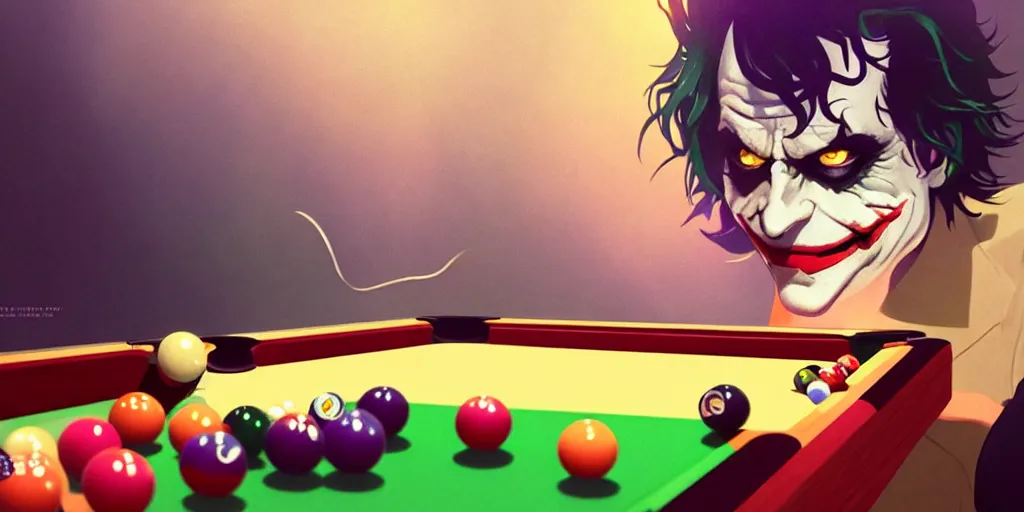 Image similar to the joker playing pool, magical, bright, colorful, fantastic lighting, amazing details, 4 k uhd, illustration by hayao miyazaki and makoto shinkai and ilya kuvshinov, artstation, pixiv,