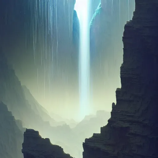 Image similar to falling water light is mine to travel,beyond time ,the cathedrals in a canyon grotto of life the beginning , geological strata,ground mist, by Sparth and Greg Rutkowski, hypermaximalist,micro details, 3d sculpture,,digital rendering,octane render , 4k, artstation, concept art , f22,deep depth of field,photographic, wide angle,cinematic lighting