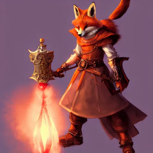 Prompt: heroic character design of anthropomorphized fox, whimsical fox , portrait, holy medieval crusader, holding enormous mace, final fantasy tactics character design, character art, whimsical, vibrant, stunning, lighthearted, concept art, volumetric lighting, highly detailed, Akihiko Yoshida