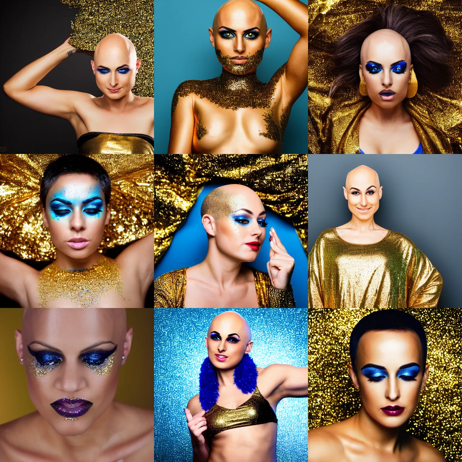 Prompt: wide shot photo of a beautiful bald woman with blue eyes, gold and black makeup, tanned skin, dancing in gold rainstorm of glitter