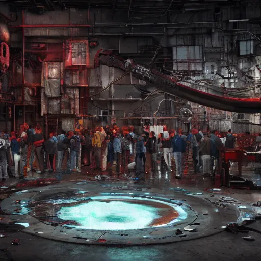 Prompt: a giant mickey mouse head, factory floor, surrounded by factory workers, octane render, cgstation, 3 d render, very detailed, mindblowing, blood and guts, gritty, cyberpunk, cinematic lighting, hyper realism