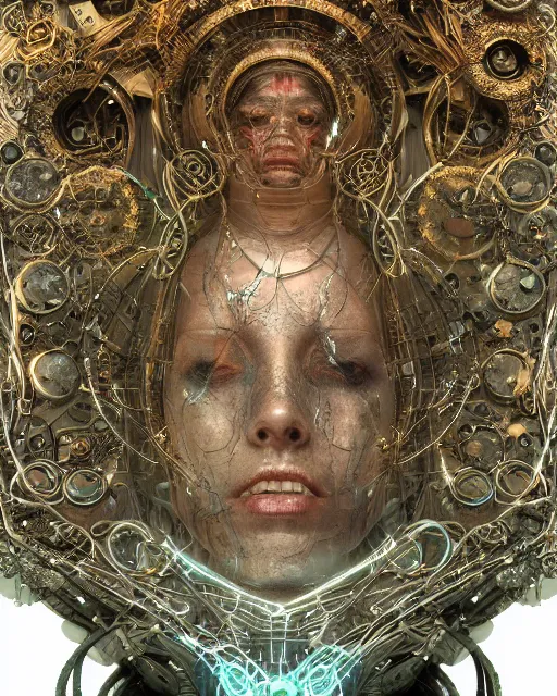 Image similar to timeless cybernetic deity with circuitry skin and networked mind tripping on acid, intricate detail, royo, whealan, giger, klimt, hd, octane render, unreal engine,