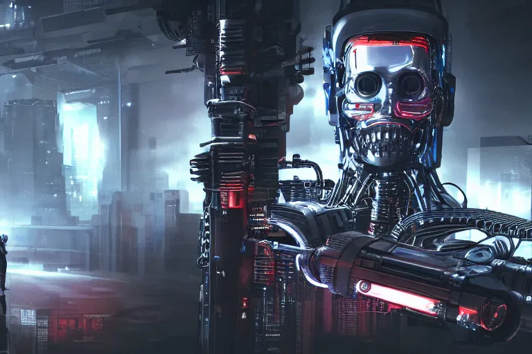 Prompt: cyberpunk robot with intricate machinery, terminator, headshot photography, 4K 3D render, desktopography, HD Wallpaper, digital art