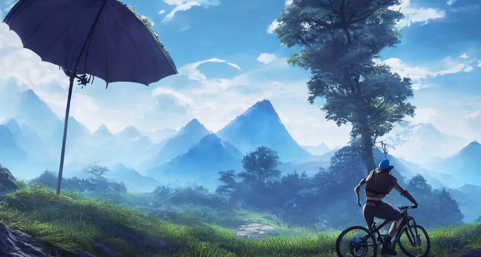 Image similar to An epic fantasy anime style landscape painting of a Mountainrange, with a Mountainbiker and a blue umbrella, unreal 5, DAZ, hyperrealistic, octane render, dynamic lighting