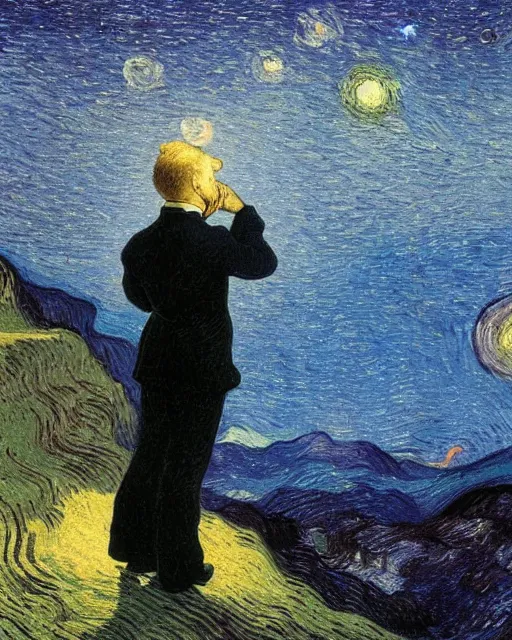 Image similar to a person looking at the night sky with stars, colorful, beautiful, national geographic, very detailed, astrophotography, oil painting, canvas, Theodor Kittelsen, Vincent van Gogh, Caspar David Friedrich