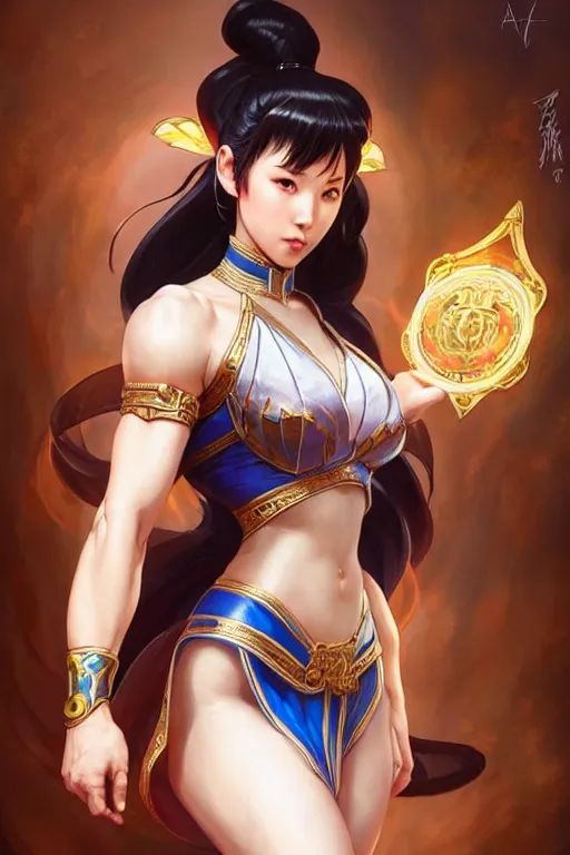 Image similar to beautiful chun li, full body shot, d & d, fantasy, intricate, elegant, highly detailed, digital painting, artstation, concept art, matte, sharp focus, illustration, hearthstone, art by artgerm and greg rutkowski and alphonse mucha