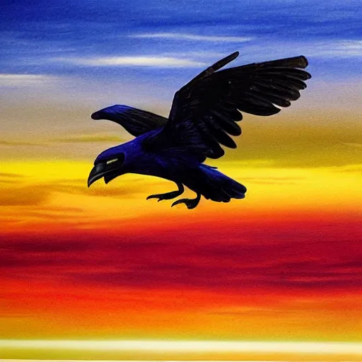 Prompt: blue raven flying on a red sky, realistic