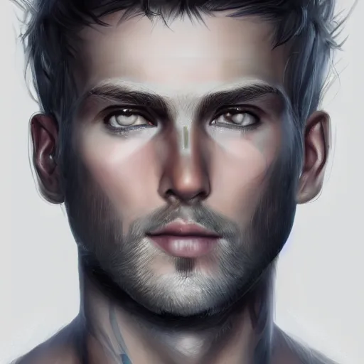 Prompt: realistic portrait, 30 year old man :: athletic, rough, angered :: short black hair :: chain mail :: high detail, digital art, RPG, concept art, illustration