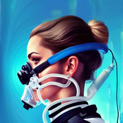 Image similar to a profile photo of an undercover agent with oxygen mask, side profile in underwater, highly detailed, digital painting, artstation, concept art, smooth, sharp focus, illustration by Sandra Chevrier
