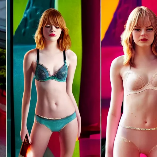 Prompt: Emma Stone in Victoria Secret, XF IQ4, f/1.4, ISO 200, 1/160s, 8K, Sense of Depth, color and contrast corrected, Nvidia AI, Dolby Vision, symmetrical balance, in-frame