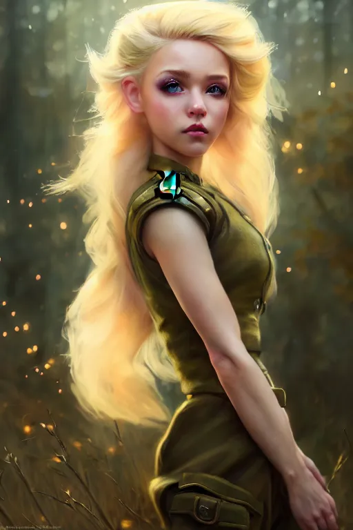 Image similar to cinematic shot of an epic portrait of a cute blonde fairy dressed in military clothes, stylised military clothes, shiny skin, beautiful eyes, beautiful, small details, night setting, realistic poster with volumetric light from craig mallism, artgerm, jeremy lipkin and michael garmash, unreal engine, radiant light, digital art, trends at art station, a masterpiece