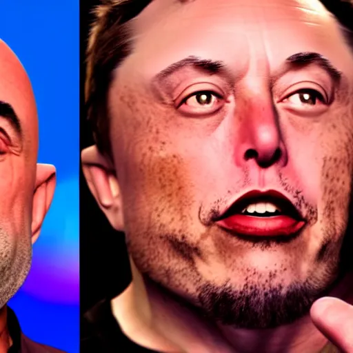 Image similar to joe rogan and elon musk trippy, real life, 8 k, 4 k uhd, realistic, hyper realistic, super detailed, very detailed, detailed