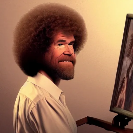 Image similar to bob ross drawing bob ross while looking at bob ross, beautiful, realistic, 8 k