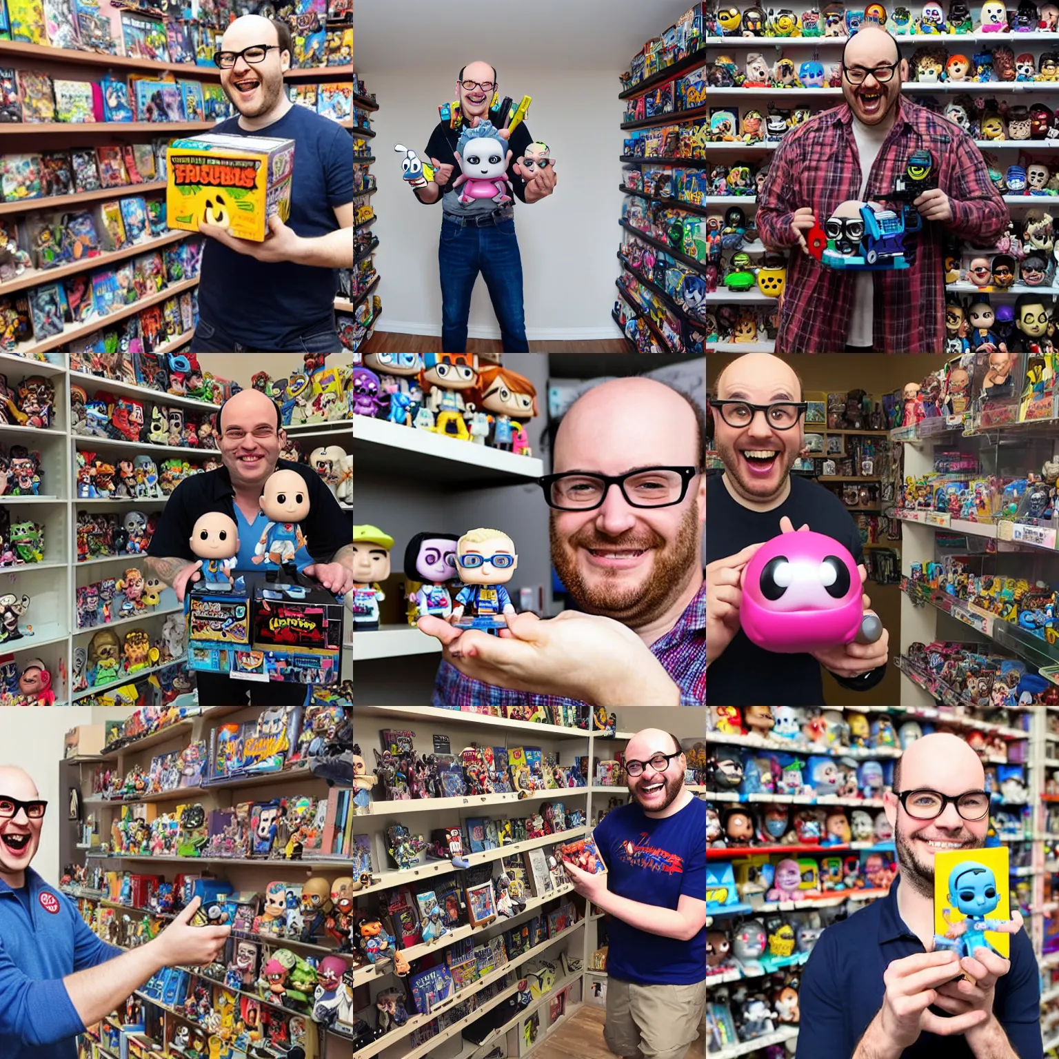 Prompt: an extremely happy nerdy balding guy surprised in front of his collection of funko pop, showing a female ghostbuster funko pop, realistic photo