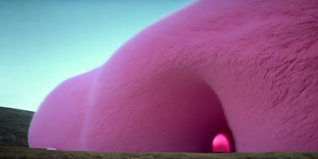 Image similar to a strange huge translucent pvc inflated organic architecture building with pink fluffy fur inside by anish kapoor sits in the rock mountains, film still from the movie directed by denis villeneuve with art direction by zdzisław beksinski, close up, telephoto lens, shallow depth of field