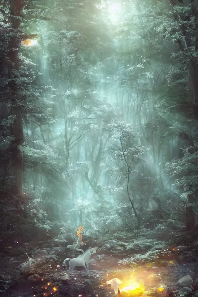 Prompt: there is a silver unicorn in the forest, unicorns around the shimmering light, fireflies flying in the forest, the dreamy crystal atmosphere ， super wide angle ， matte painting ， rtx on ， by karine eibatova and jordan grimmer ， trending on cgsociety and artstation, volumetric light ， surreal
