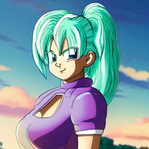 Prompt: bulma from dragon ball, bulma, bulma standing in a field,