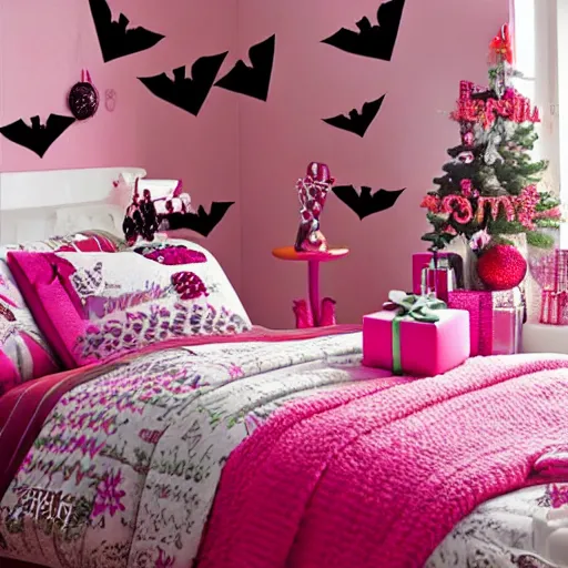 Prompt: homemade pink halloween themed christmas bedroom ideas, high resolution, creative, visually appealling