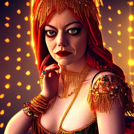 Prompt: a photorealistic portrait of actress emma stone dressed as a belly dancer, arabian night, volumetric lightening, octane render, high quality, fully detailed, 4 k, in focus sharp face with fine details, her hands by albrecht durer, inspired by belly dancer on youtube, alphonse mucha, masterpiece, stunning