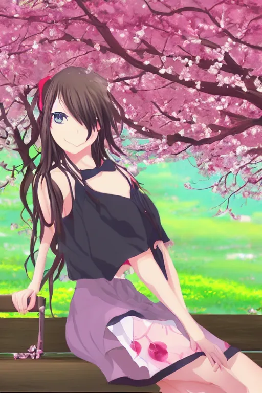 Image similar to anime drawing, anime girl sitting on a bench with blooming cherry trees in the background