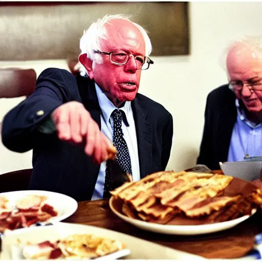 Prompt: bernie sanders stealing a piece of bacon