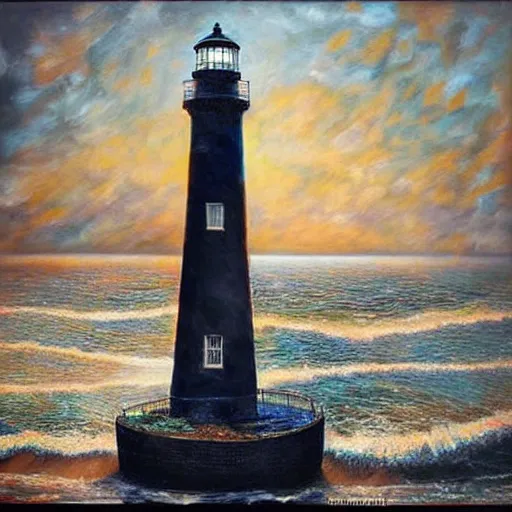 Prompt: beautiful lonely lighthouse, hyper realistic, colorful patterns, subtle shadows, art by tim okamura and oksana dobrovolska and tarkowsky. natural light.