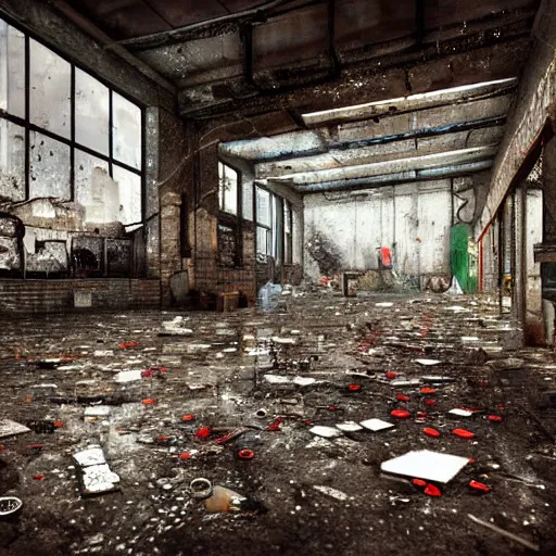 Image similar to santa's abandoned factory. cyberpunk. apocalyptic. sadness. mess. disorder. santa claus hat. abandoned gifts. water leaks. broken tiles. broken objects. high quality. high fidelity. digital art.