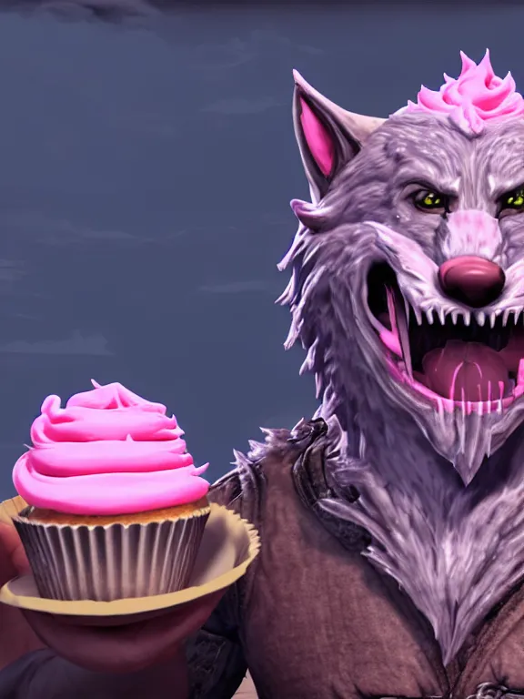 Prompt: cute handsome cuddly burly surly relaxed calm timid werewolf from van helsing holding a cute cupcake with pink frosting unreal engine hyperreallistic render 8k character concept art masterpiece screenshot from the video game the Elder Scrolls V: Skyrim