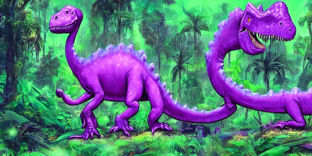 Image similar to spectral purple neon dinosaur, green jungle background, detailed, fantasy, oil painting, ultrawide landscape, concept art