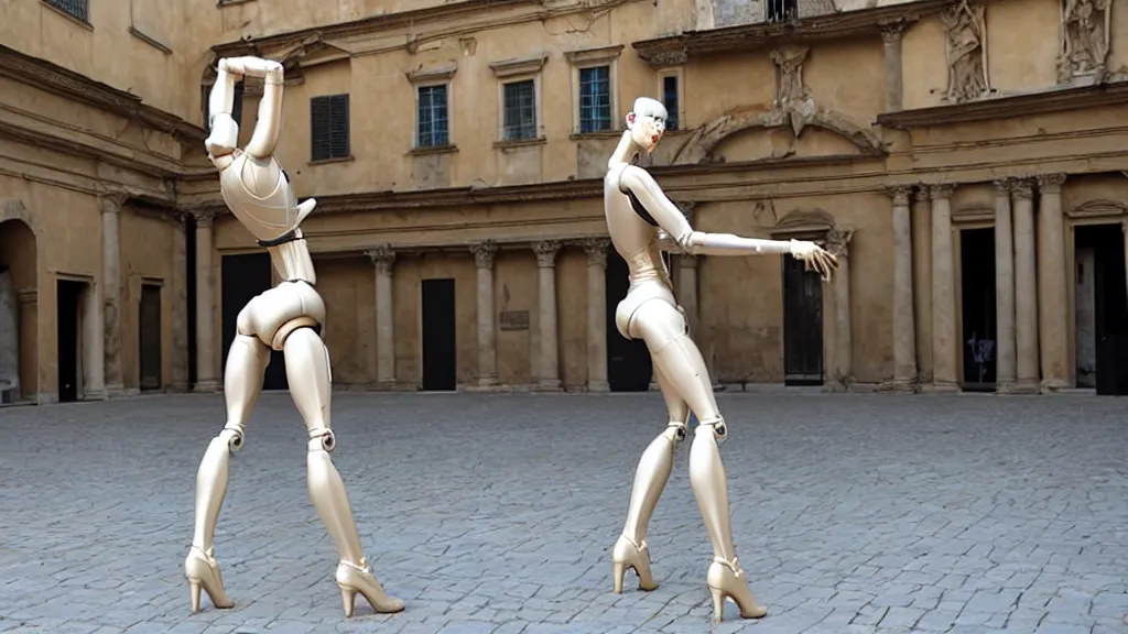 Image similar to a hajime sorayama sculpture of a svelte robotic ballerina on display in a roman courtyard.