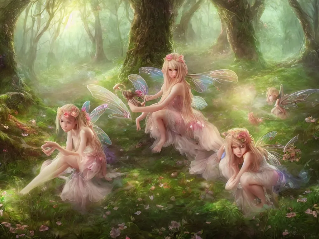 Image similar to two cute fairy in the dreamy forest, fantasy, dreamlike, 8 k resolution, hyper detailed, d & d, character design, digital painting, trending on artstation, sharp focus, illustration, art by artgerm, viktoria gavrilenko, hoang lap, fuji choko, steve zheng