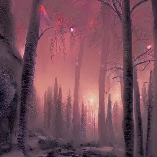 Prompt: a beautiful medieval painting of a forest in the snow at night. lot of neons. trending on artstation. a beautiful vr 3 d sci - fi painting by patrick rutkowski and thomas rutowski.