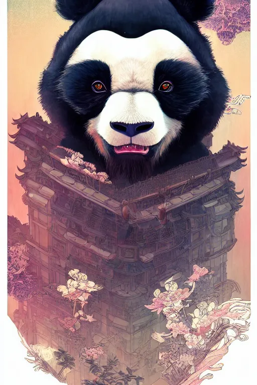 Image similar to a beautiful hyperdetailed character design of a cute panda with a chinese lion dance head victo ngai cyberpunk style, from china, style of studio ghibli, makoto shinkai, raphael lacoste, louis comfort tiffany, artgerm, james jean, ross tran, chinese style