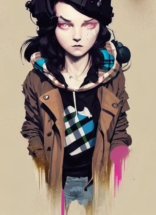 Image similar to highly detailed portrait of a sewer punk lady student, blue eyes, burberry hoodie, white hair by atey ghailan, by greg rutkowski, by greg tocchini, by james gilleard, by joe fenton, by kaethe butcher, gradient gold, black, brown and pink color scheme, grunge aesthetic!!! ( ( graffiti tag wall background ) )