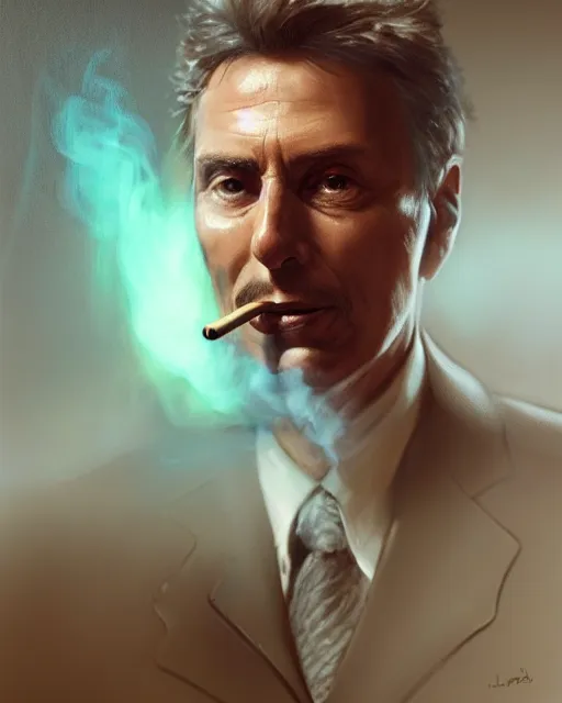 Prompt: Mauricio Macri smoking a cigar volumetric lighting, back lighting, rimlight, dramatic lighting, digital painting, highly detailed, artstation, sharp focus, illustration, Artgerm, Jean-Léon Gérôme , ruan jia