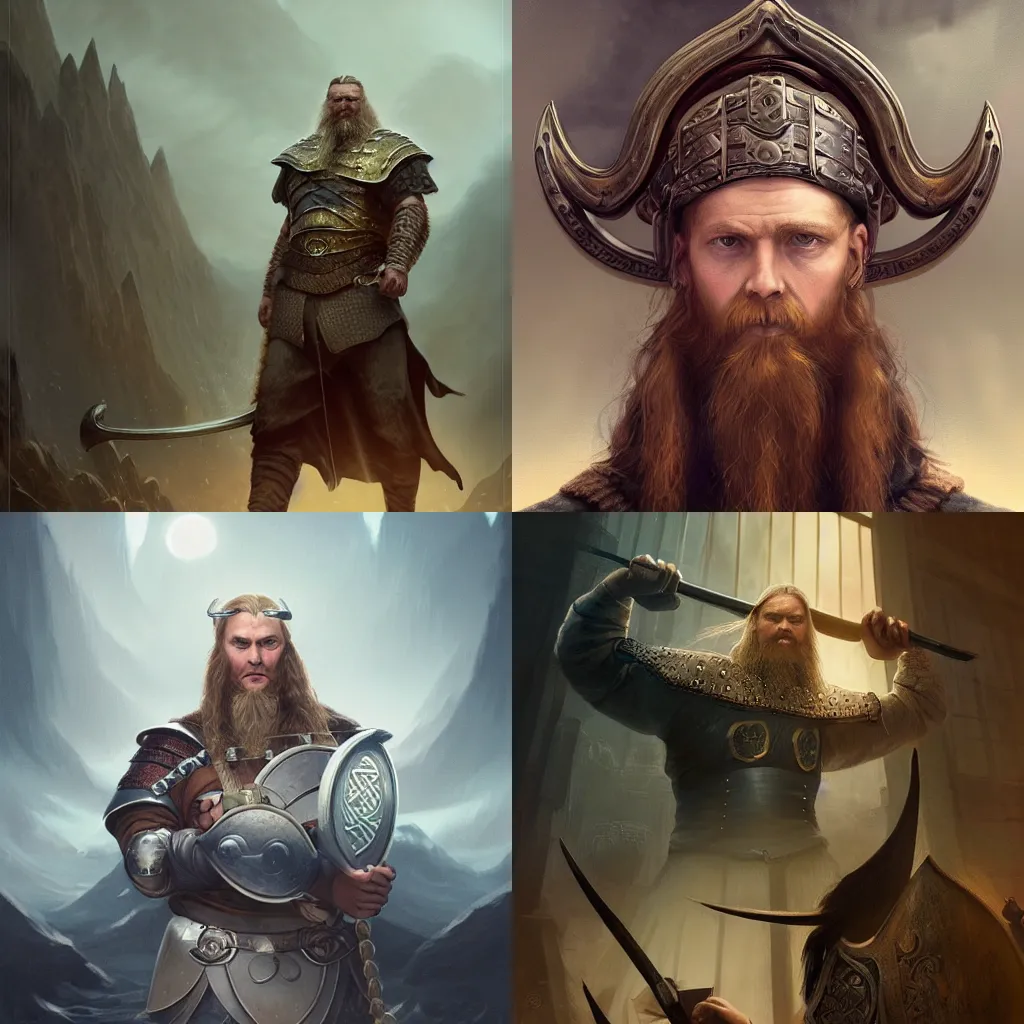 Prompt: a computer science teacher that looks like a heavy set viking warrior teaches computer science, fantasy, illustration, artstation, cinematic lighting, hyperdetailed, cgsociety, 8k Resolution, high resolution, Charlie Bowater, Tom Bagshaw, Tom Richmond, insanely detailed and intricate, beautiful, elegant, golden ratio, royal swan insignia in background