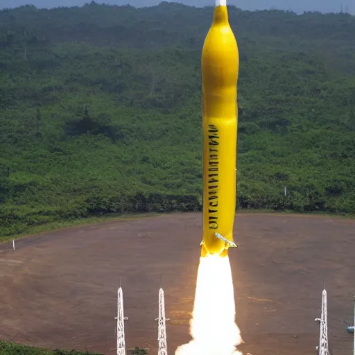 Prompt: a banana rocket launched from the launch pad at wenchang space launch site in hainan, china