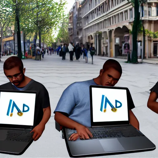 Image similar to a group of realistic bums on street using laptops with blender 3 d logotype on laptop, highly detailed, intricate, sharp focus, digital art, 8 k